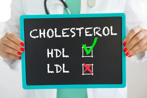 HDL vs LDL Cholesterol on a chalboard held by a doctor