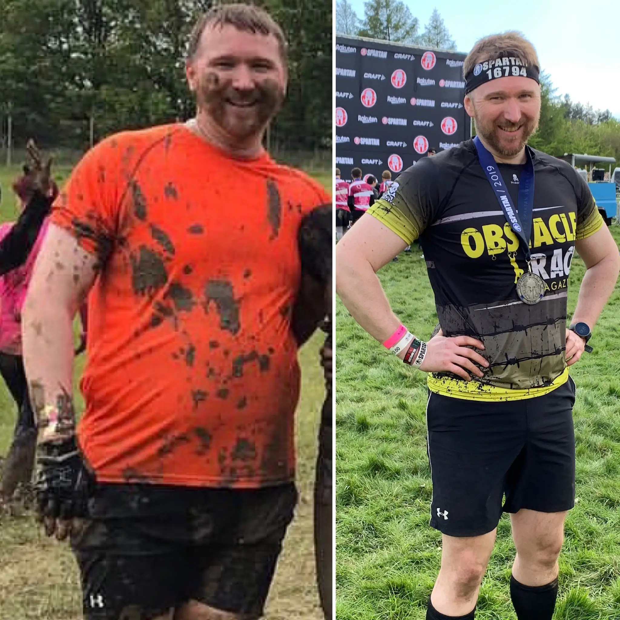 Fitness Success with Rob Ede before and after weight loss. The left image shows Rob Ede participating in the Tough Mudder event in 2017, wearing a black shirt and muddy from the obstacle course. The right image shows Rob Ede at the Spartan Race in 2019, noticeably slimmer and more muscular, wearing a red shirt and looking fit and confident.