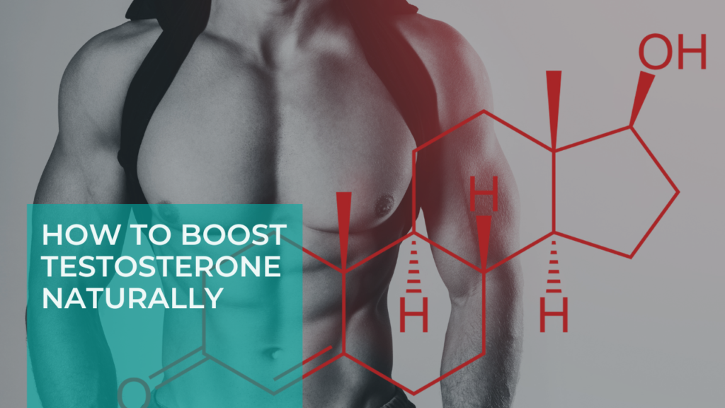 Muscular man with testosterone molecule structure overlay and text "How to Boost Testosterone Naturally"