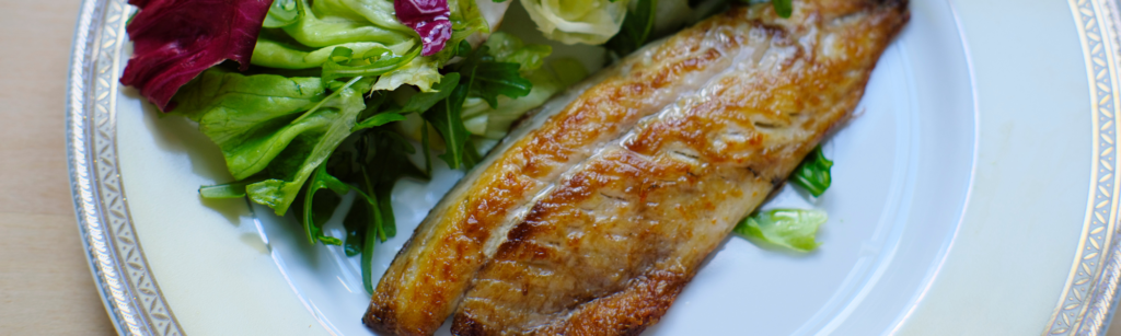 Grilled mackerel fillet with a side of mixed green salad on a white plate