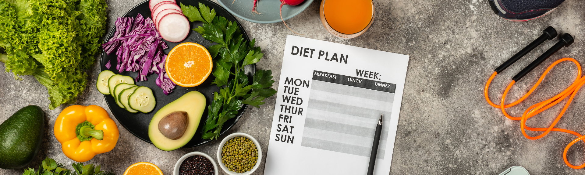 Healthy foods with a weekly diet plan and jump rope